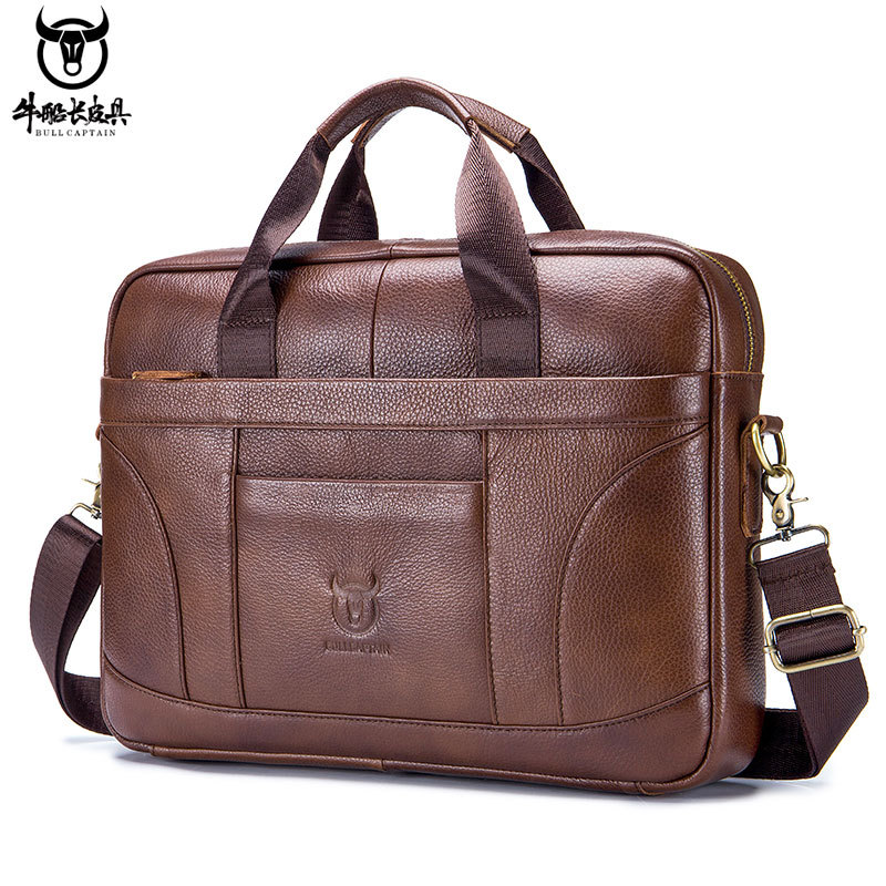 Bull Captain Head Cowhide Men's Portable Briefcase Large Capacity Business Casual Retro Leather Shoulder Diagonal Bag