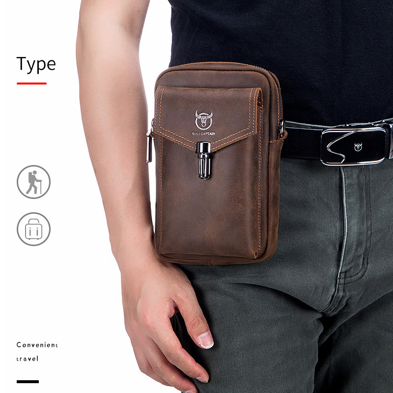 Retro Crazy Horse Leather Mobile Phone Wallet Men's Genuine Leather Cowhide Wearing Belt Messenger Waist Bag Small Bag